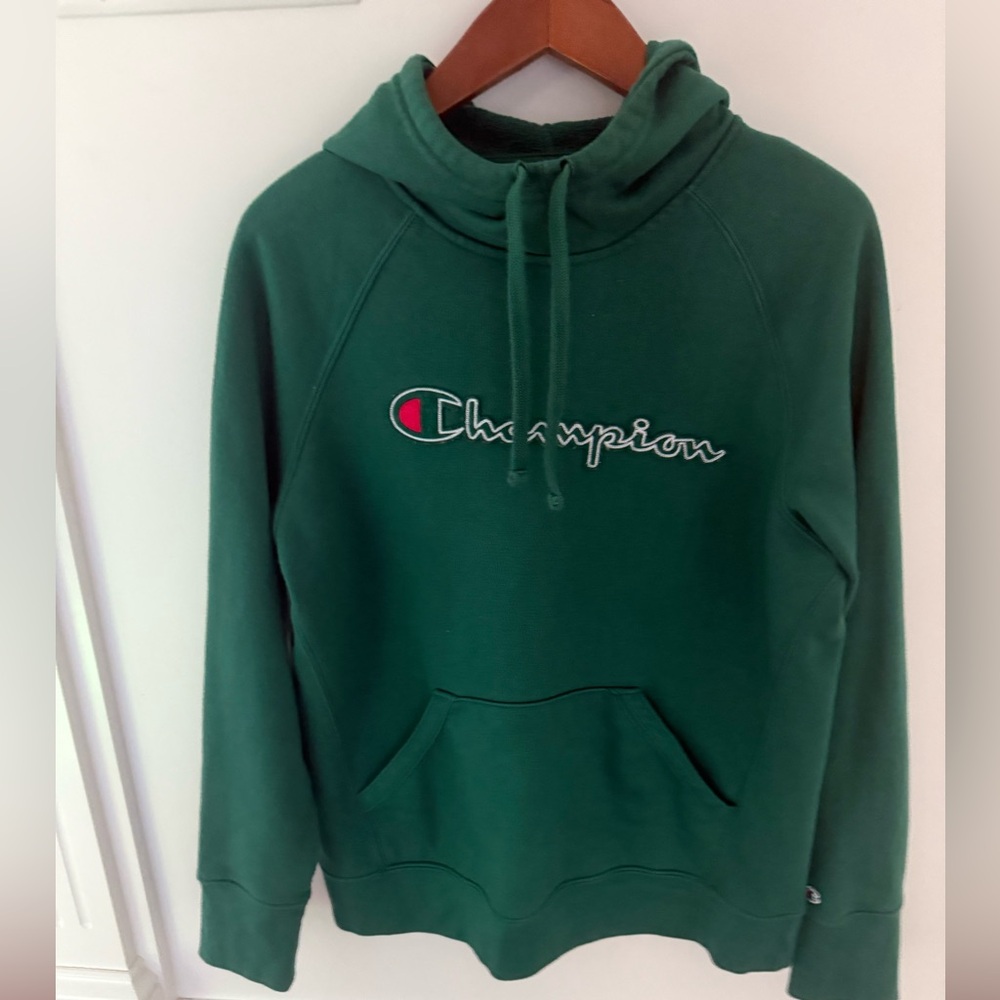 Champion Women’s Hoodie SCRIPT LOGO DARK GREEN Sweatshirt Sweater Size L
